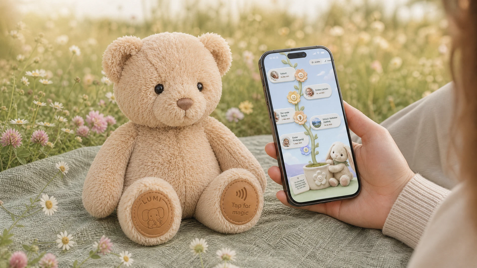Memory bear in a meadow opening the memory page