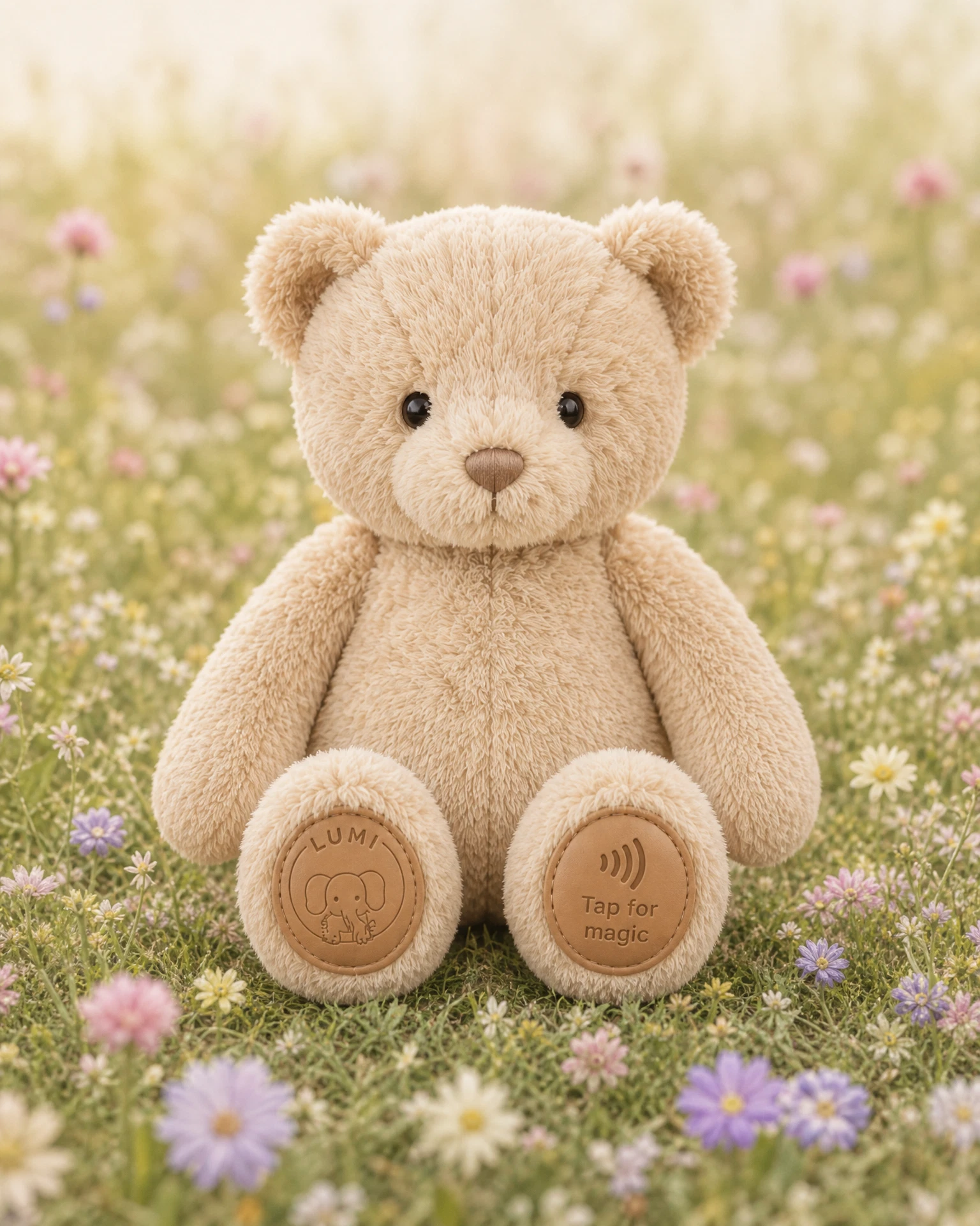 Beiger Erinnerungsbaer mit zwei runden Fuss-Patches auf einer Blumenwiese