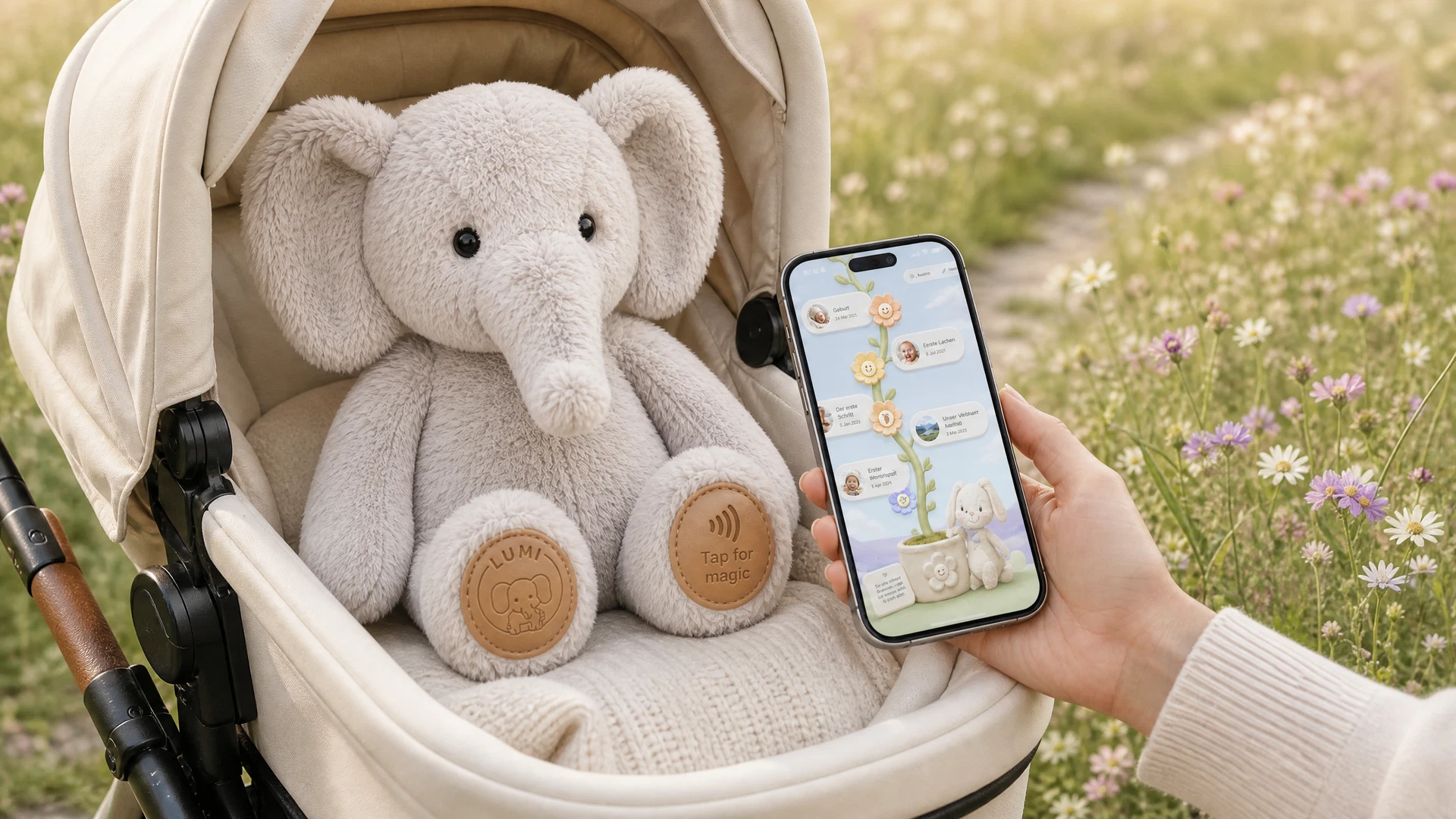 Memory elephant on the meadow path opening the memory page