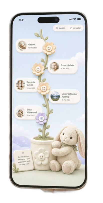 Smartphone mockup with growing memory flower, photos, and milestones