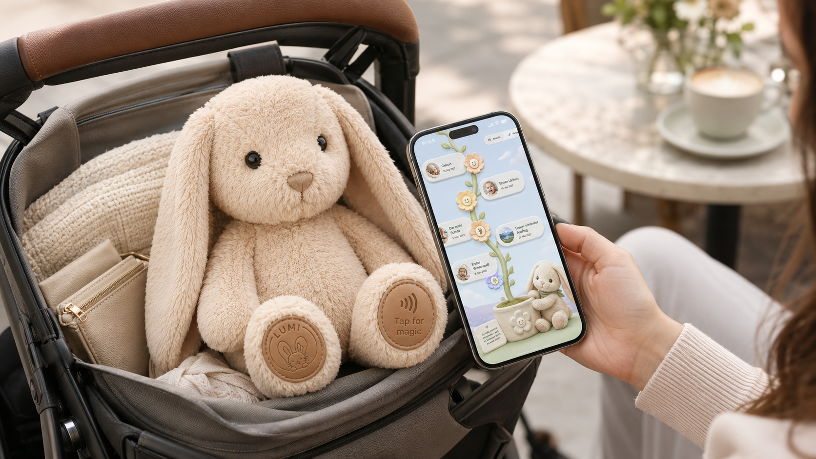Memory bunny in the pram with opened memory page on the smartphone