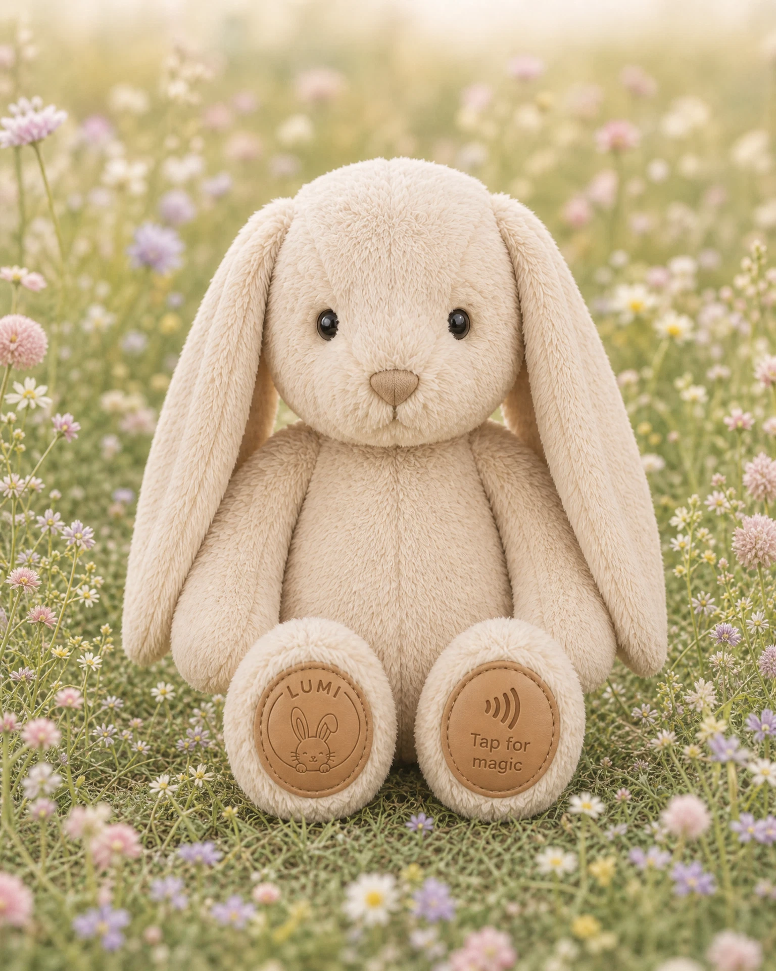 Beiger Erinnerungshase mit langen Ohren und zwei runden Fuss-Patches auf einer Blumenwiese