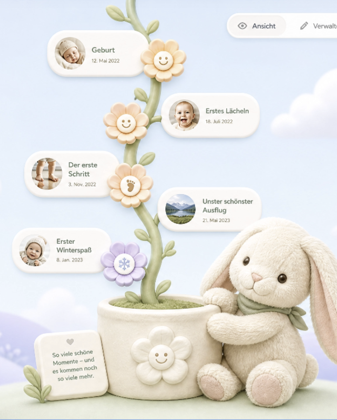 Memory page with growing flower tree, photos, milestones and management view