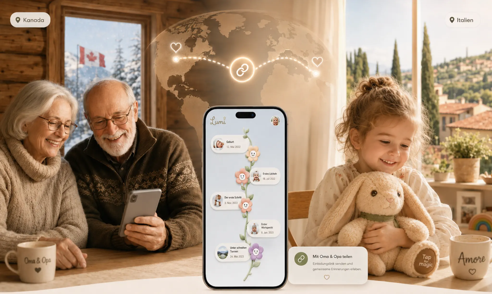 Grandma and grandpa in Canada and a child in Italy follow the growing memory flower together via the shared link
