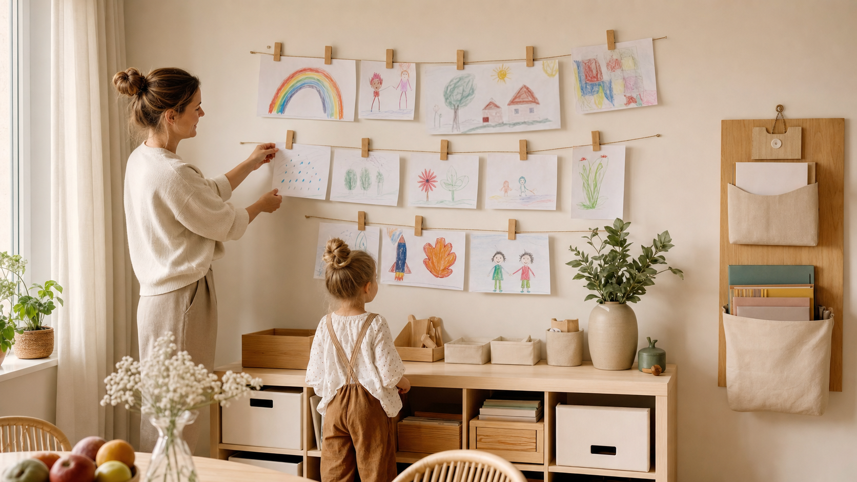 Warme, authentische LUMI-Szene zum Beitrag «Das scheinbare Chaos an der Wand: Wie ihr Kinderzeichnungen aufbewahrt, ohne den Kopf zu verlieren»