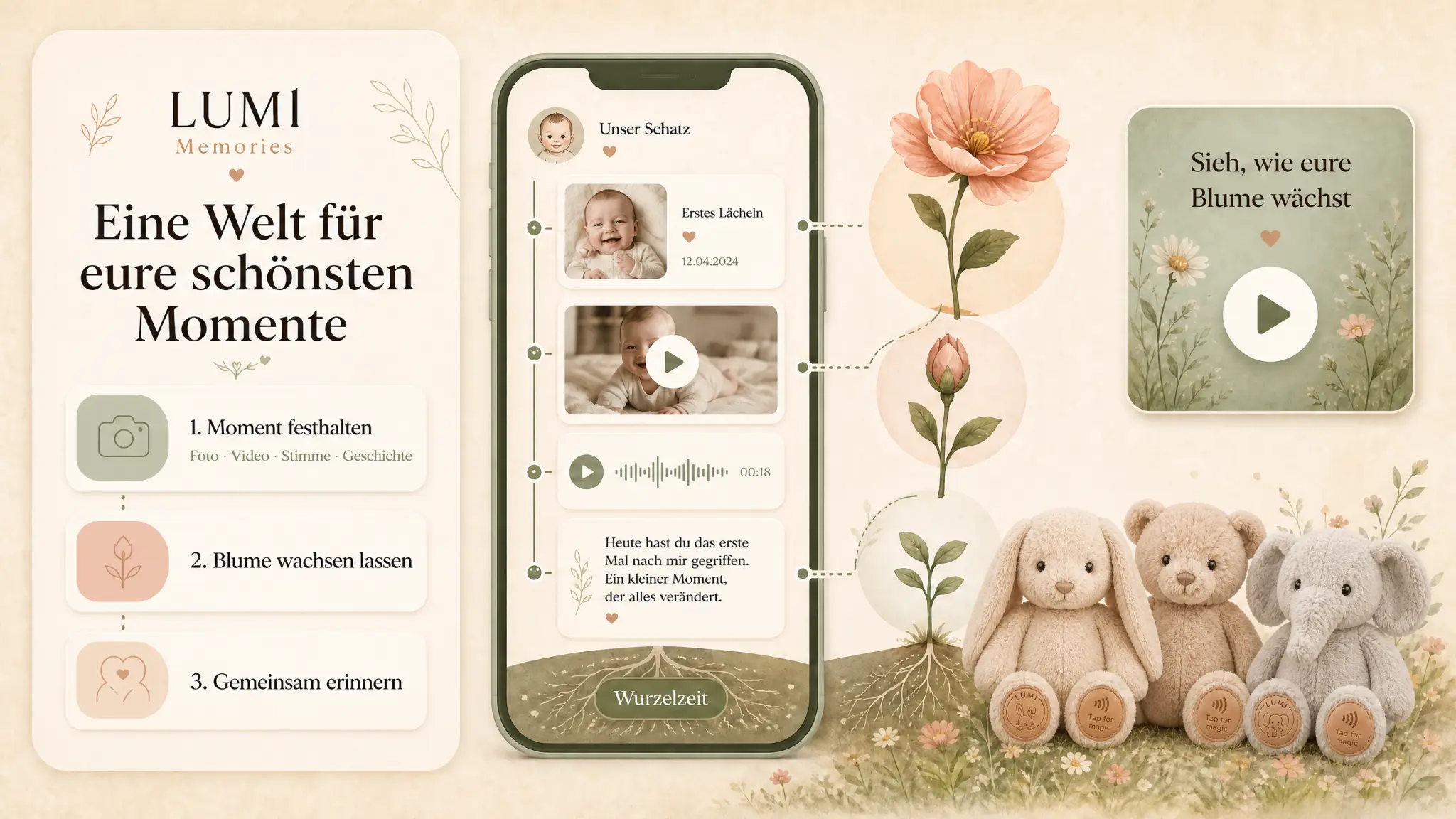 Übersicht der LUMI Erinnerungswelt mit Meilensteinen, wachsender Blume, Wurzelzeit sowie Hase, Bär und Elefant.