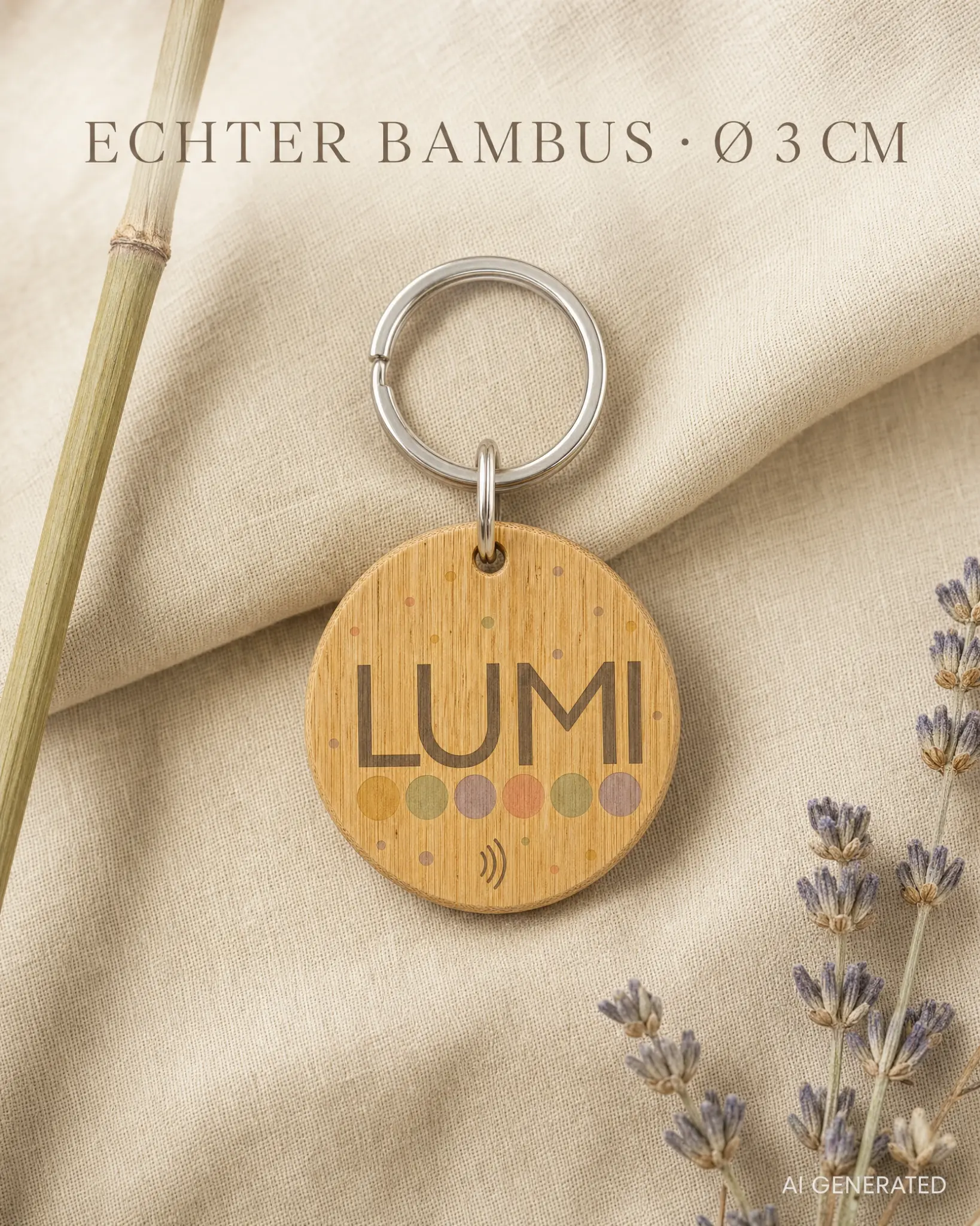 LUMI Familienanhänger aus Bambus mit NFC-Symbol.