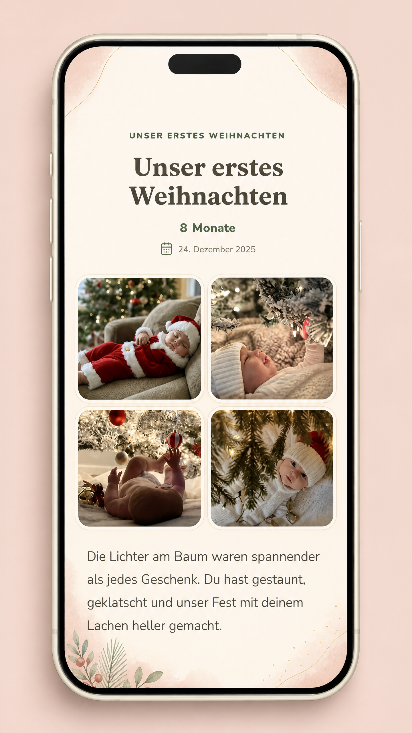 Geöffnete Erinnerungsblüte Unser erstes Weihnachten mit Fotos und einer kleinen Weihnachtsgeschichte.