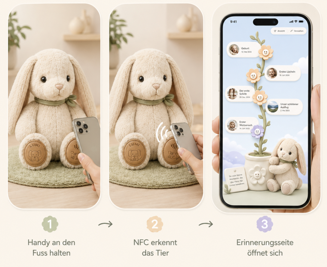 Three-step guide: Hold phone to the foot, NFC detects the animal and the memory page opens